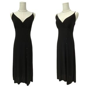 Vintage 90s Black Midi Dress Faux Wrap Bodice Button Detail Grunge Minimal